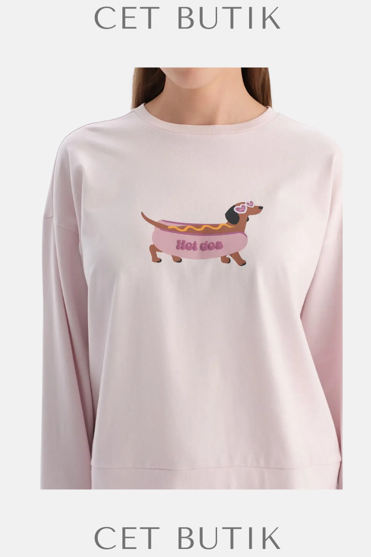 Dagi Açık Lila Köpek Baskılı Tişört & Pantolon Takım