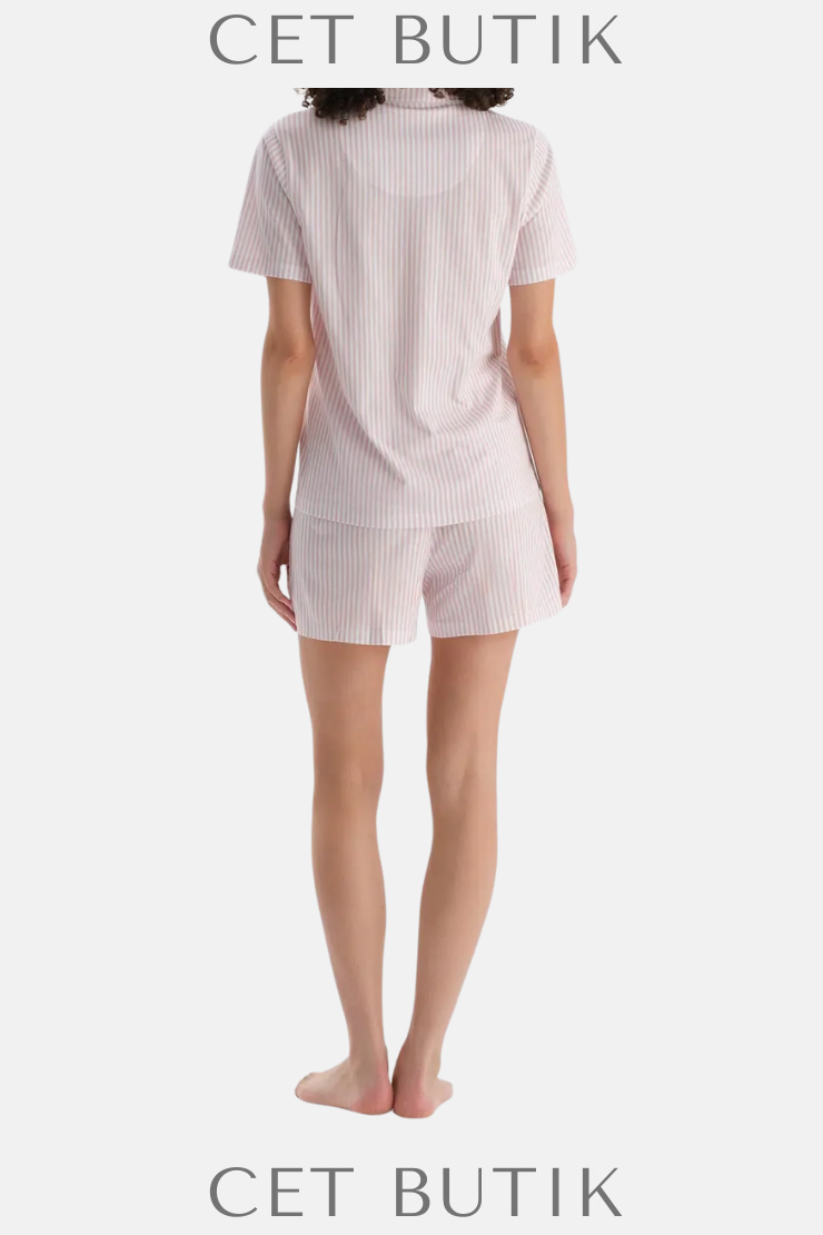 Dagi Açık Pembe Nakışlı Çizgili Penye Modal Gömlek & Şort Pijama Takımı