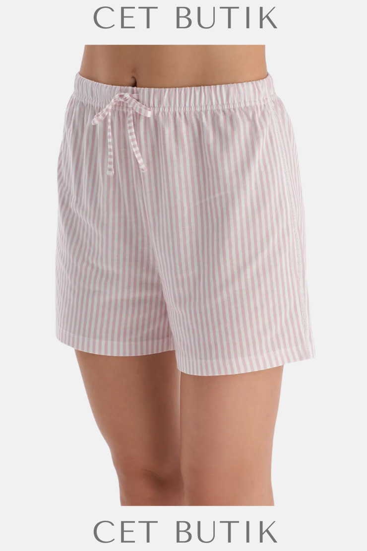 Dagi Açık Pembe Nakışlı Çizgili Penye Modal Gömlek & Şort Pijama Takımı