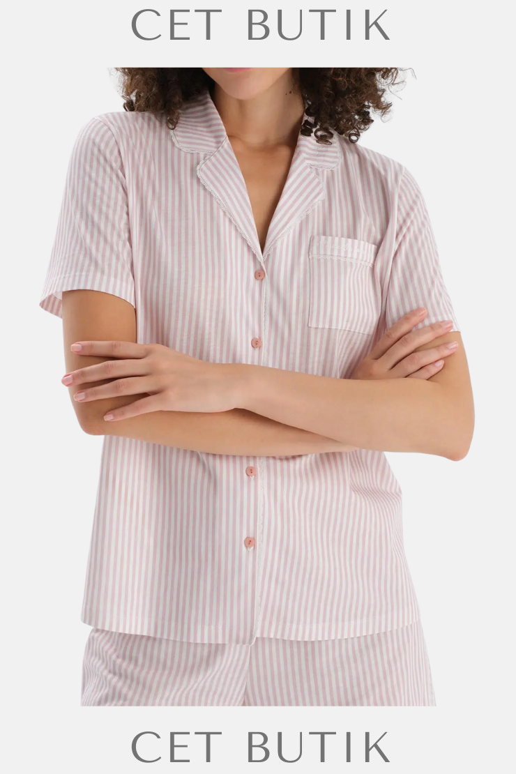 Dagi Açık Pembe Nakışlı Çizgili Penye Modal Gömlek & Şort Pijama Takımı