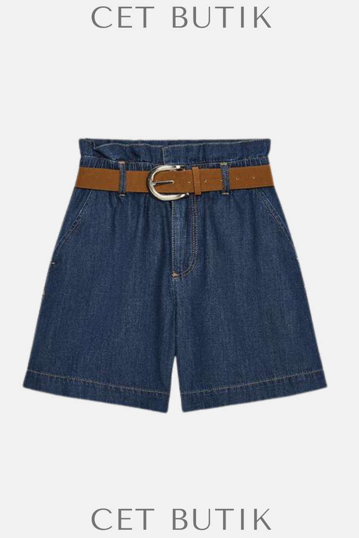 Zara Kadın Kemerli Paper Bag Bermuda Şort – Indigo
