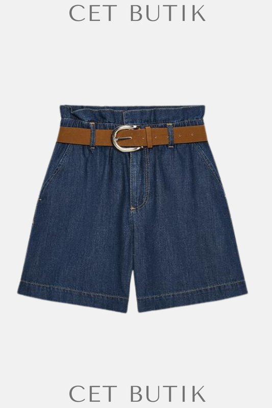 Zara Kadın Kemerli Paper Bag Bermuda Şort – Indigo