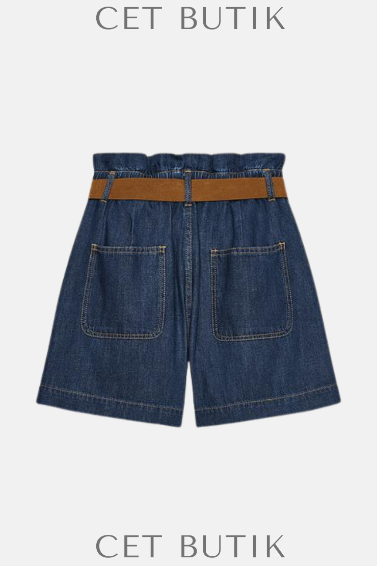 Zara Kadın Kemerli Paper Bag Bermuda Şort – Indigo
