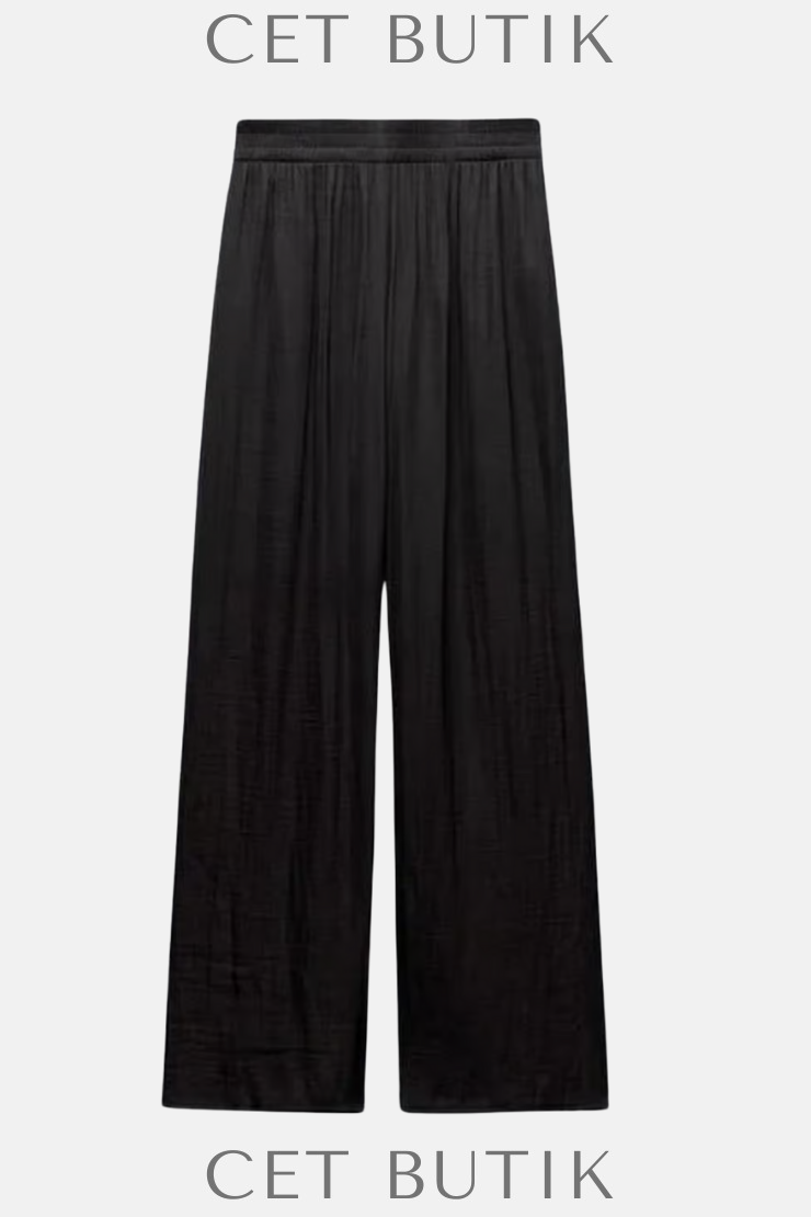 Zara Siyah Wide Leg Palazzo Pantolon – Elastik Bel, High Rise, Small