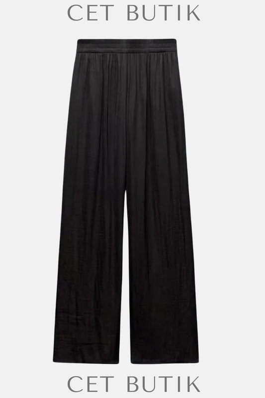 Zara Siyah Wide Leg Palazzo Pantolon – Elastik Bel, High Rise, Small
