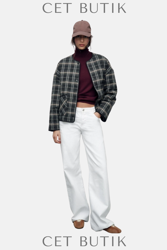 Zara Kadın Kareli Black/Beige Button-Up Ceket
