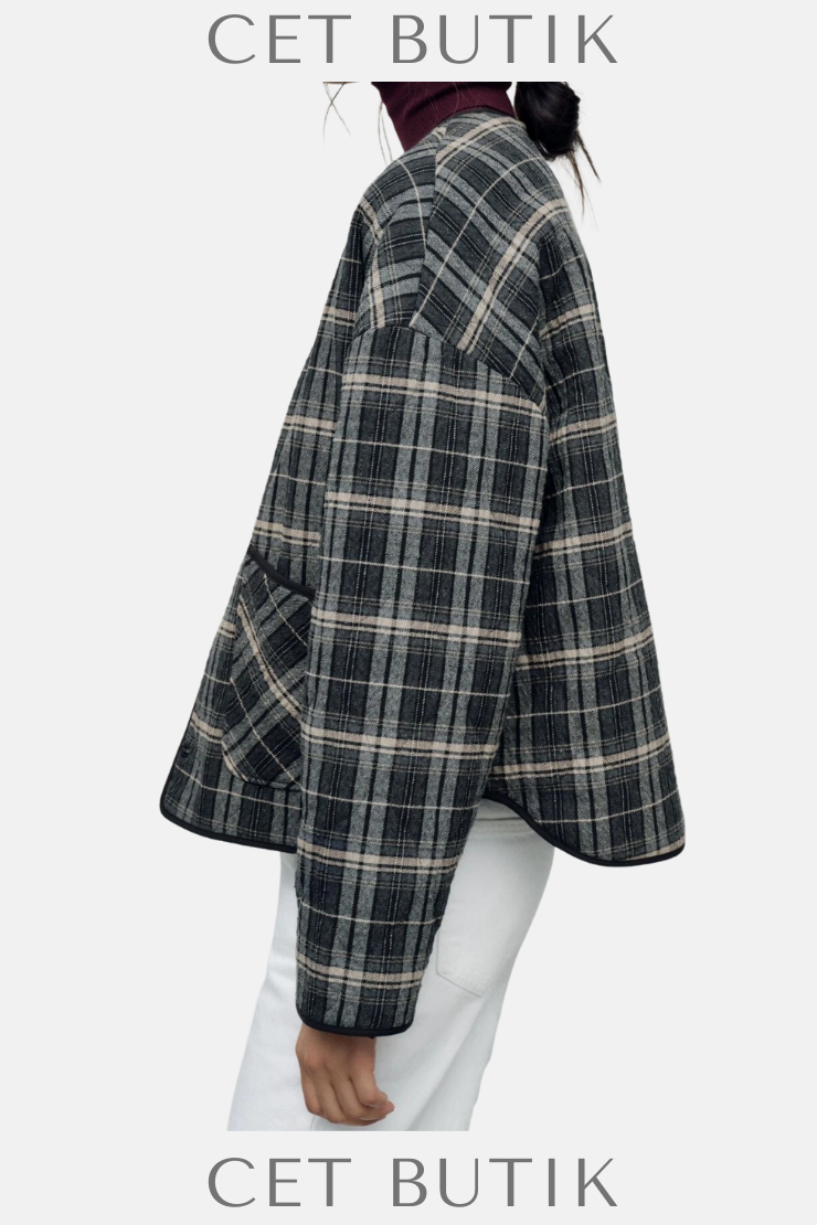 Zara Kadın Kareli Black/Beige Button-Up Ceket
