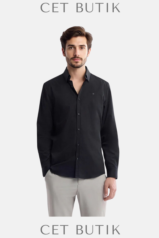 AVVA Siyah Slim Fit %100 Pamuk Saten Gömlek – Kolay Ütülenebilir & Klasik Yaka