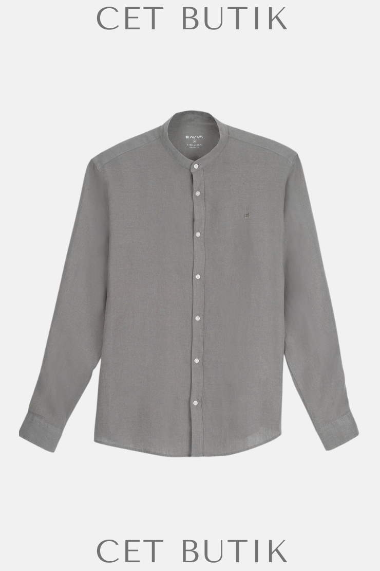 AVVA Erkek Gri Hakim Yaka %100 Keten Comfort Fit Gömlek