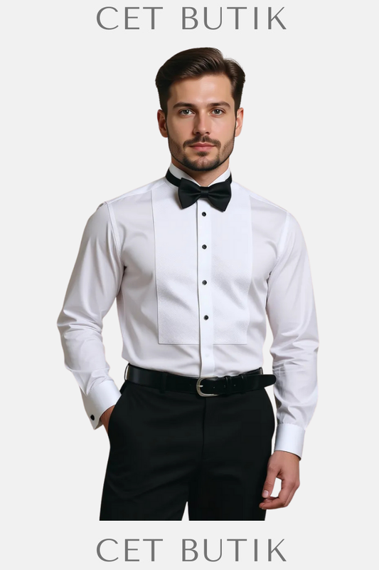 KİP Beyaz Slim Fit Duble Manşet Smokin Gömlek – %100 Pamuk, Ata Yaka