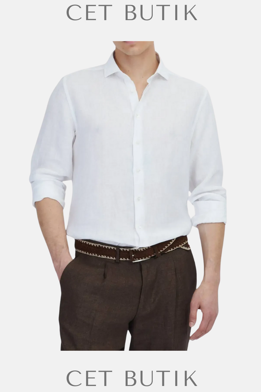 Ramsey Beyaz Düz Casual Fit 100% Keten Gömlek