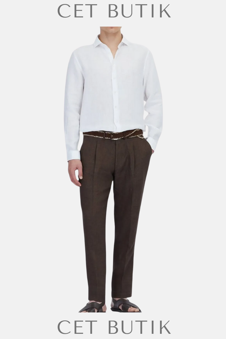 Ramsey Beyaz Düz Casual Fit 100% Keten Gömlek