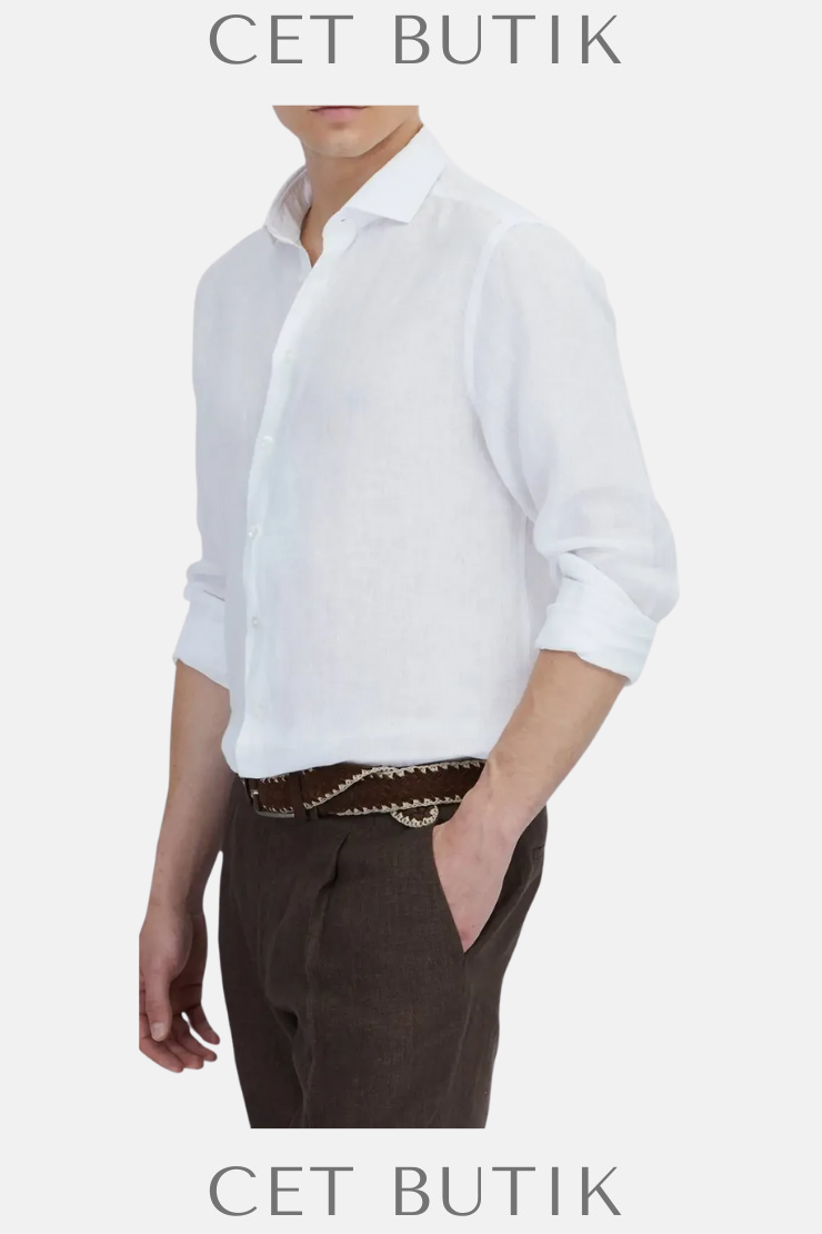 Ramsey Beyaz Düz Casual Fit 100% Keten Gömlek