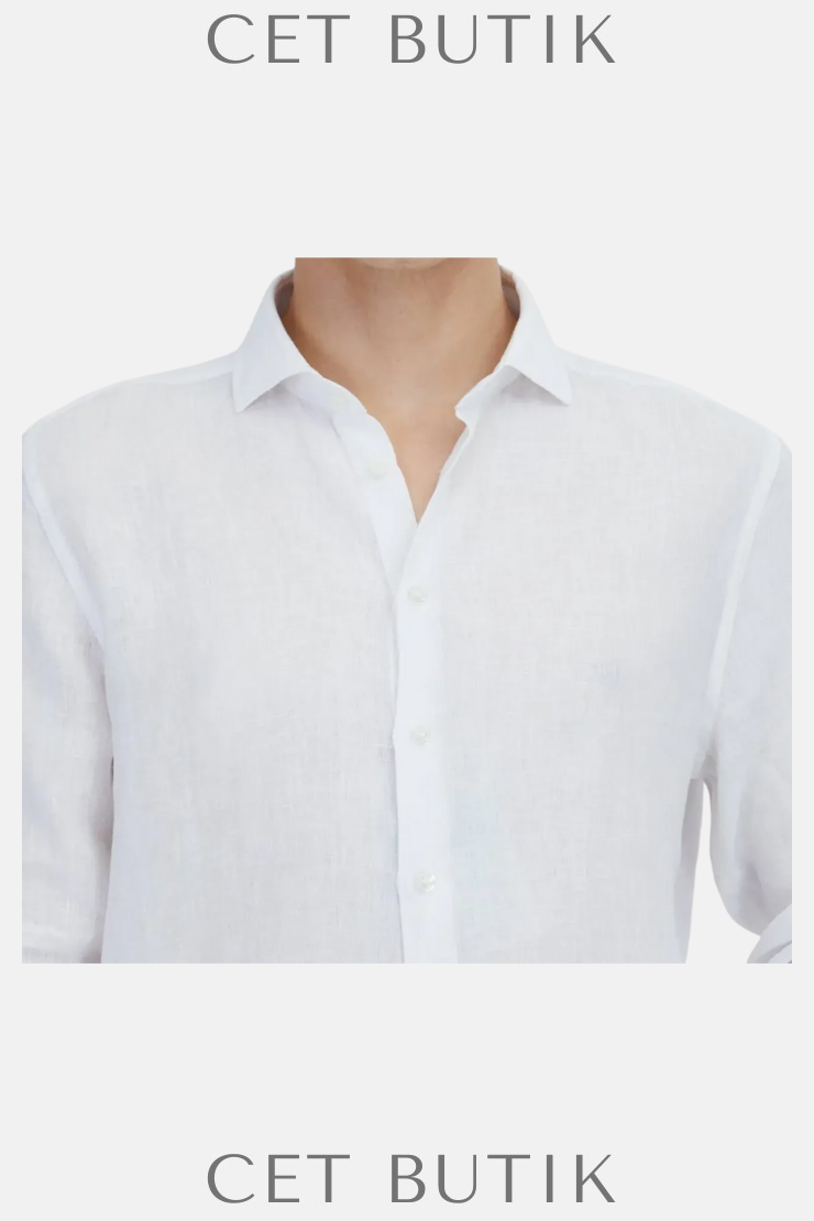 Ramsey Beyaz Düz Casual Fit 100% Keten Gömlek
