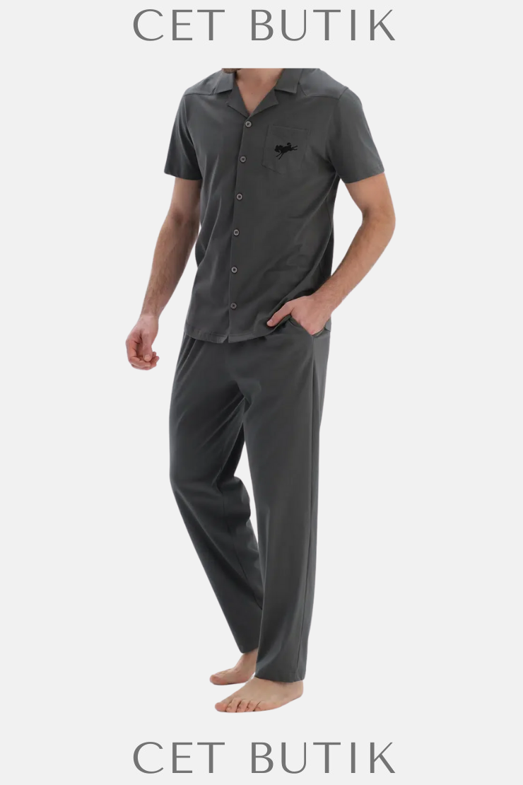 Dagi Gri Kısa Kollu Dikiş Detaylı Gömlek & Pantolon Pijama Takımı