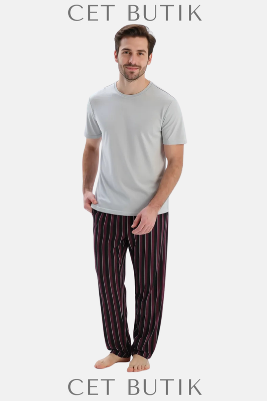 Dagi Açık Gri Çizgili Pijama Takımı – Kısa Kollu Tişört & Pantolon