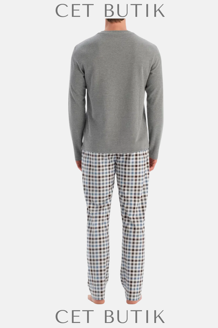 Dagi Gri Melanj Waffle Pijama Takımı – Uzun Kollu Tişört & Pantolon