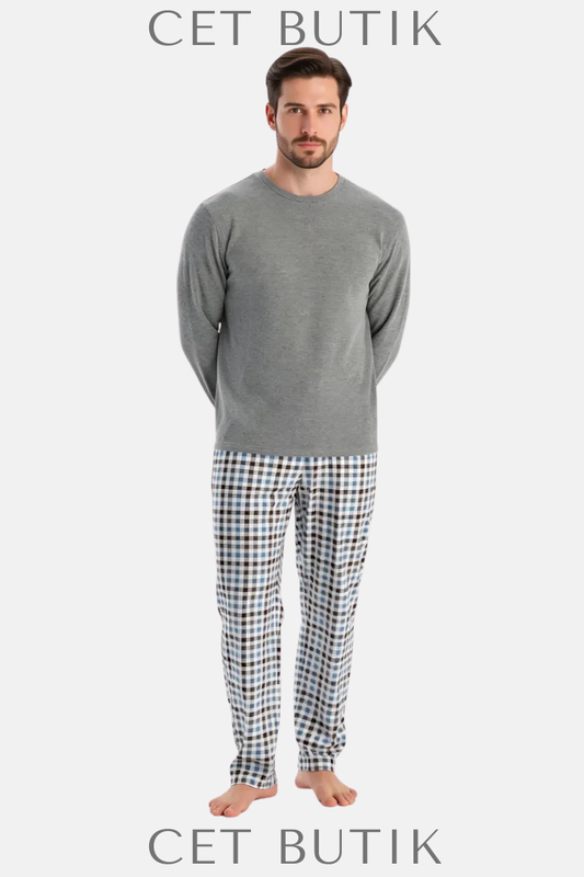 Dagi Gri Melanj Waffle Pijama Takımı – Uzun Kollu Tişört & Pantolon