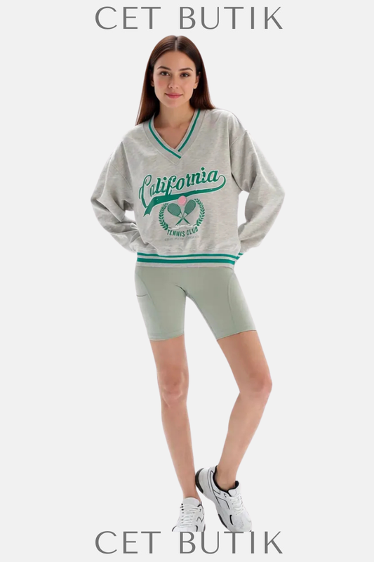 Dagi Gri Melanj Active Baskılı Oversize Sweatshirt