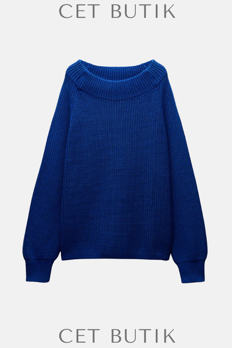 Zara Kadın Bluish Plain Knit Sweater – Yuvarlak Yaka Uzun Kollu Kazak