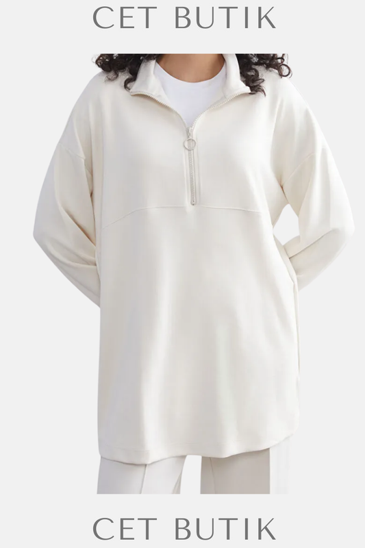LCW Modest Bej Dik Yaka Kadın Sweatshirt Tunik | Uzun Kollu Tunik