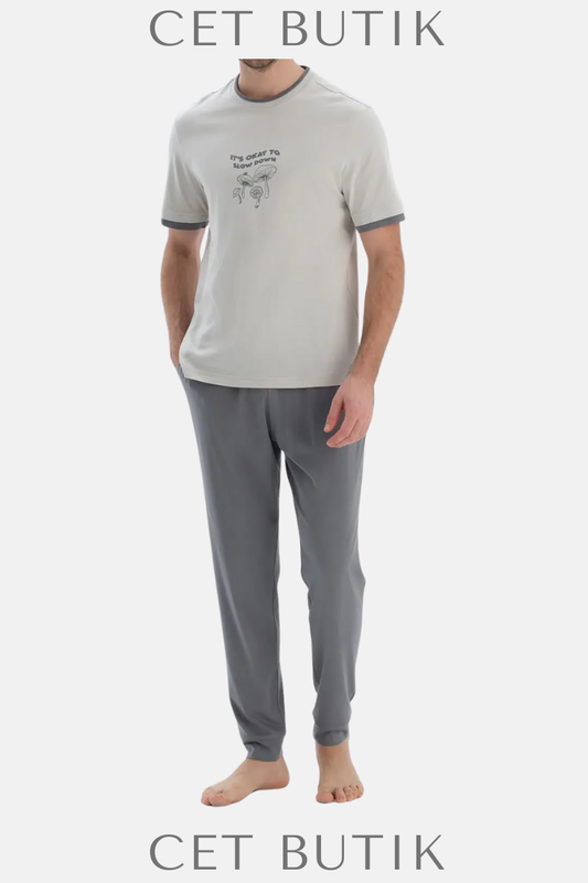 DAĞI Açık Gri Kısa Kollu Baskılı Tişört Pantolon Pijama Takımı