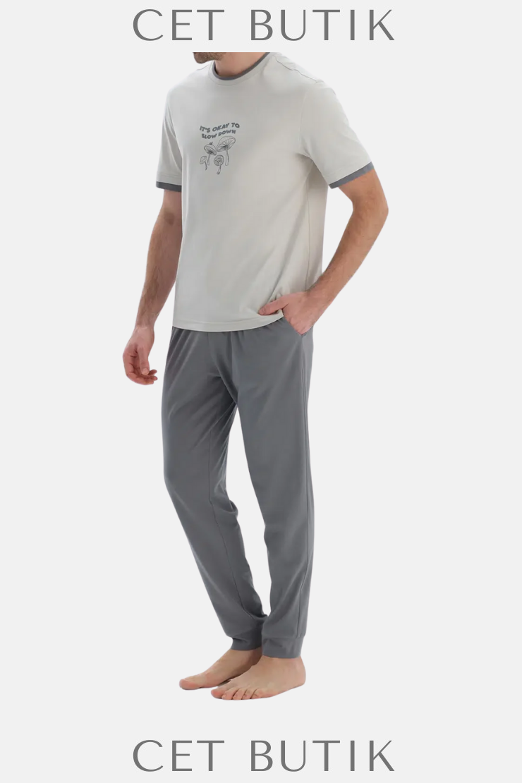 DAĞI Açık Gri Kısa Kollu Baskılı Tişört Pantolon Pijama Takımı