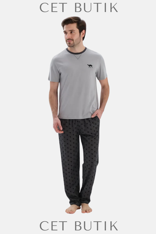 DAGİ Gri Kısa Kollu Baskılı Pijama Takımı