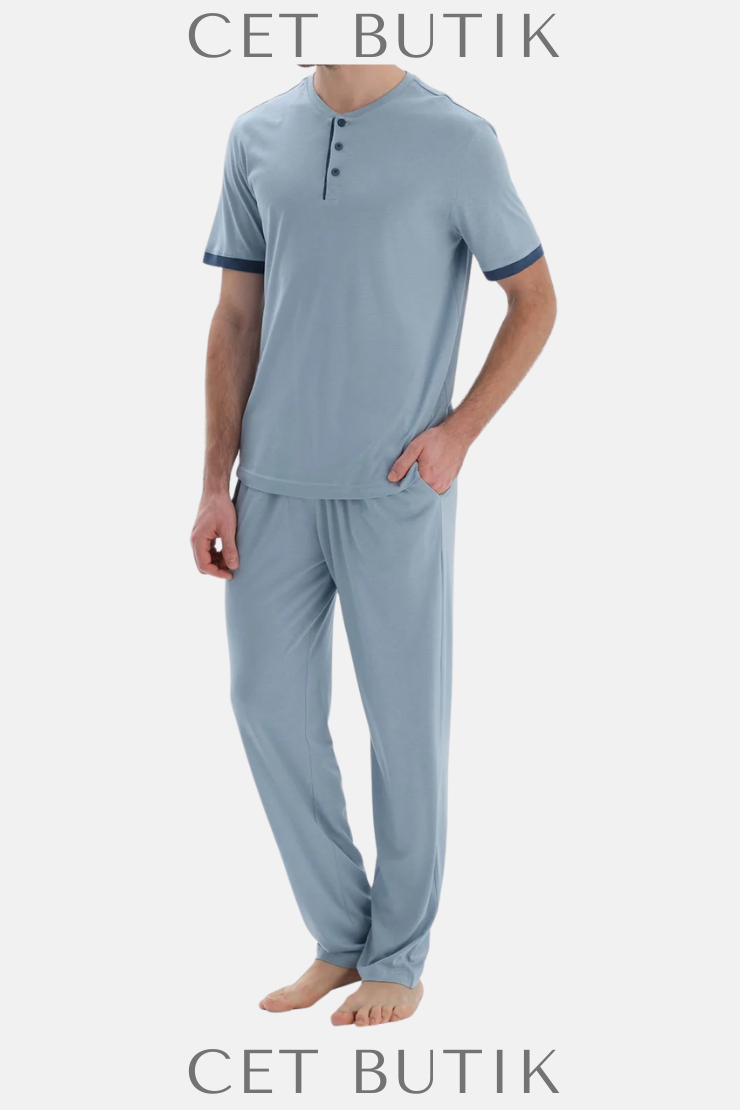 DAGİ Açık Mavi Kısa Kollu Patlı Basic Pijama Takımı