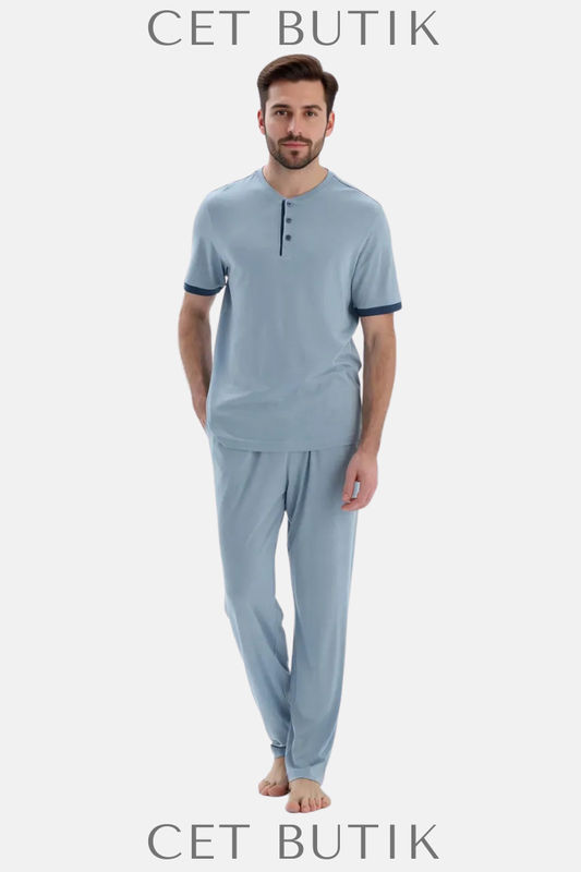 DAGİ Açık Mavi Kısa Kollu Patlı Basic Pijama Takımı