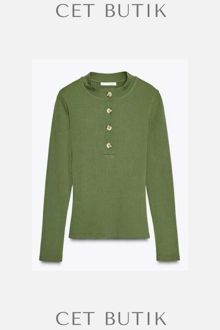 Zara Kadın Fitilli Düğmeli T-shirt – Yeşil/Ekru