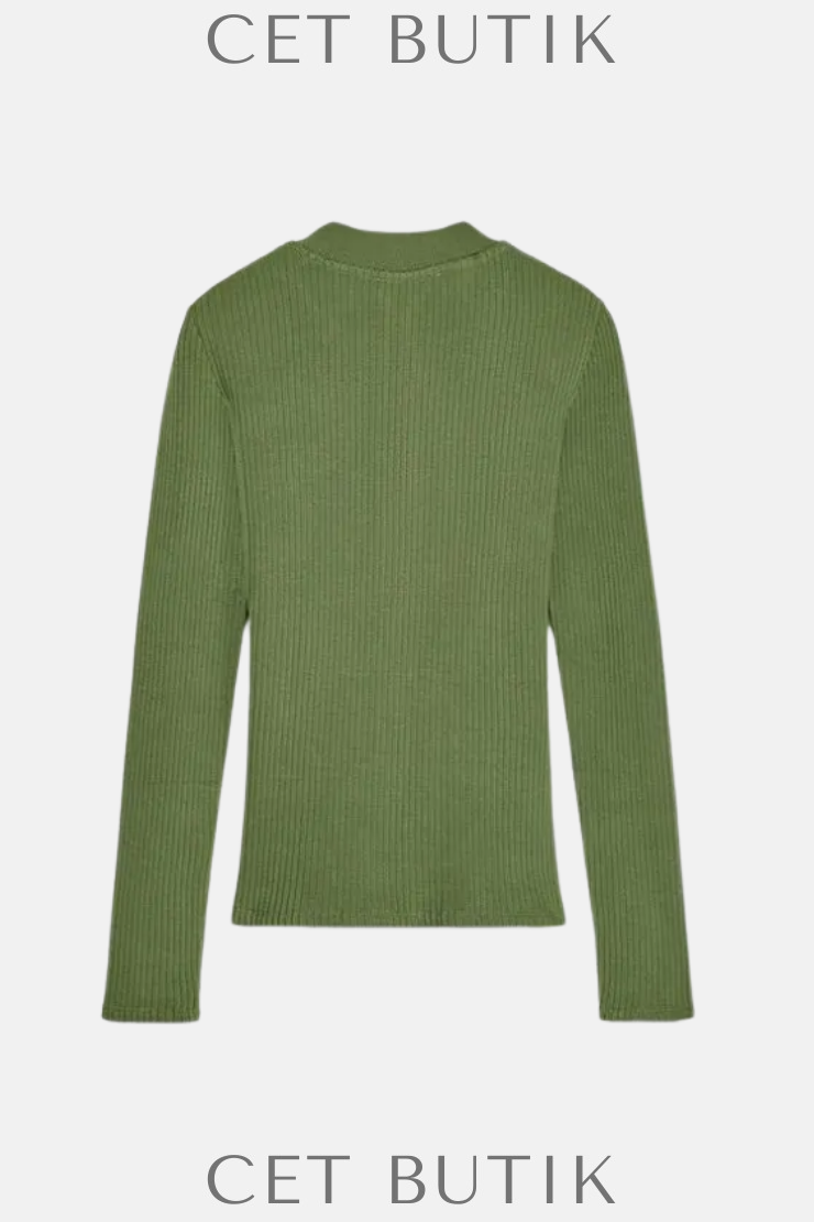 Zara Kadın Fitilli Düğmeli T-shirt – Yeşil/Ekru