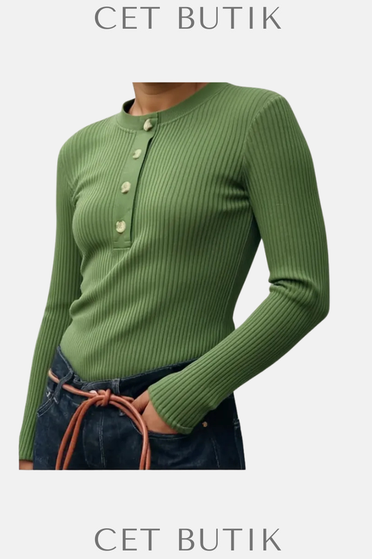 Zara Kadın Fitilli Düğmeli T-shirt – Yeşil/Ekru