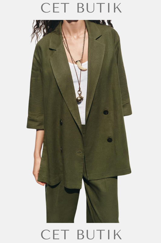 Zara Kadın Çift Düğmeli Keten Karışımlı Blazer – Açık Bej