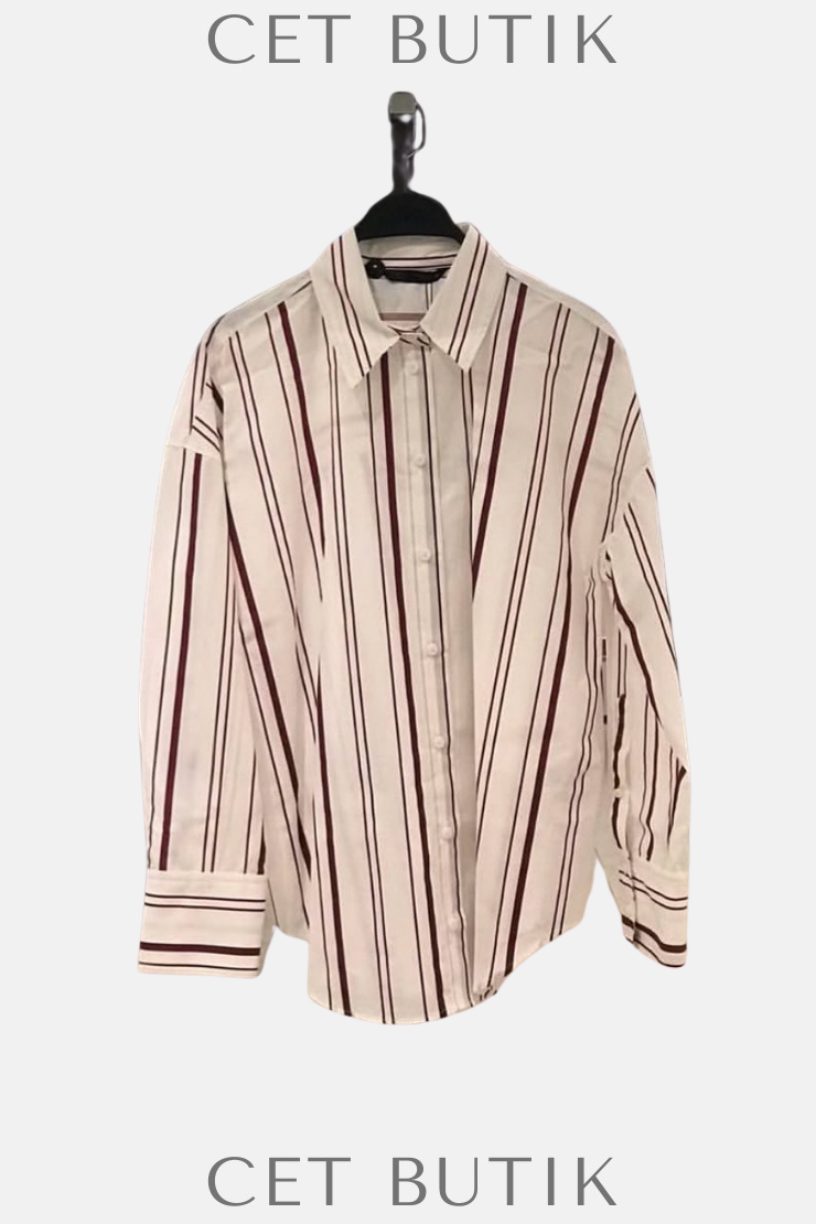 Zara Kadın Oversize Çizgili Gömlek – Beyaz/Kırmızı Çizgili