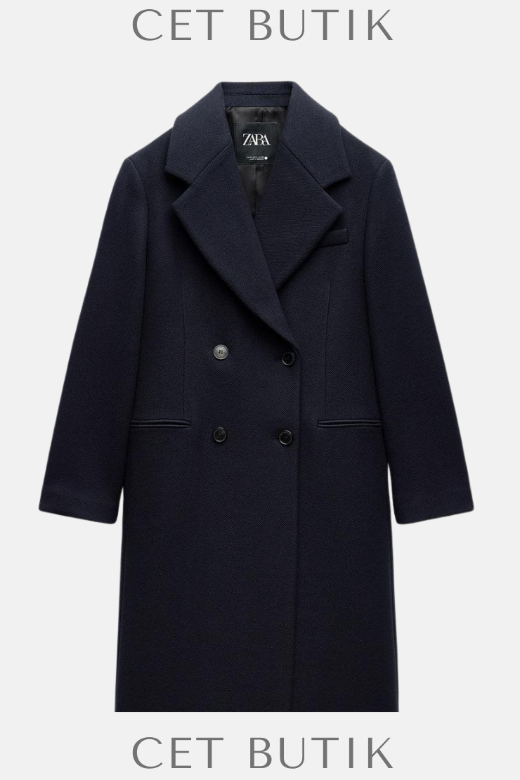 Zara ZW Collection Kadın Çift Düğmeli Yün Karışımlı Kaban – Lacivert