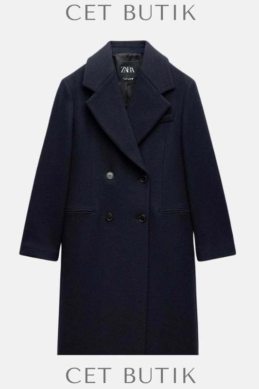 Zara ZW Collection Kadın Çift Düğmeli Yün Karışımlı Kaban – Lacivert