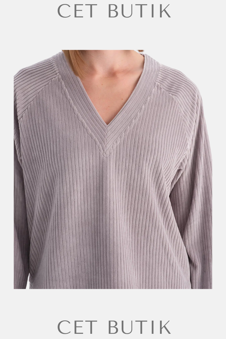 Dagi V Yaka Uzun Kollu Kadife Sweatshirt