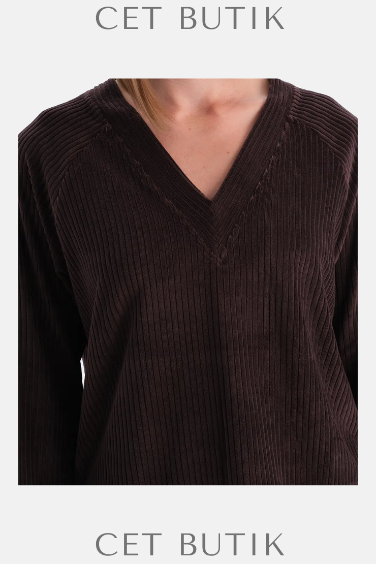 Dagi V Yaka Uzun Kollu Kadife Sweatshirt