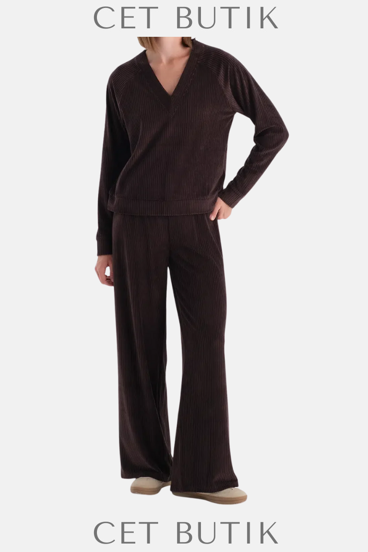 Dagi Koyu Kahve Oversize Kadife Pantolon