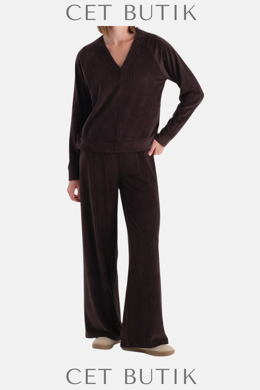 Dagi Koyu Kahve Oversize Kadife Pantolon