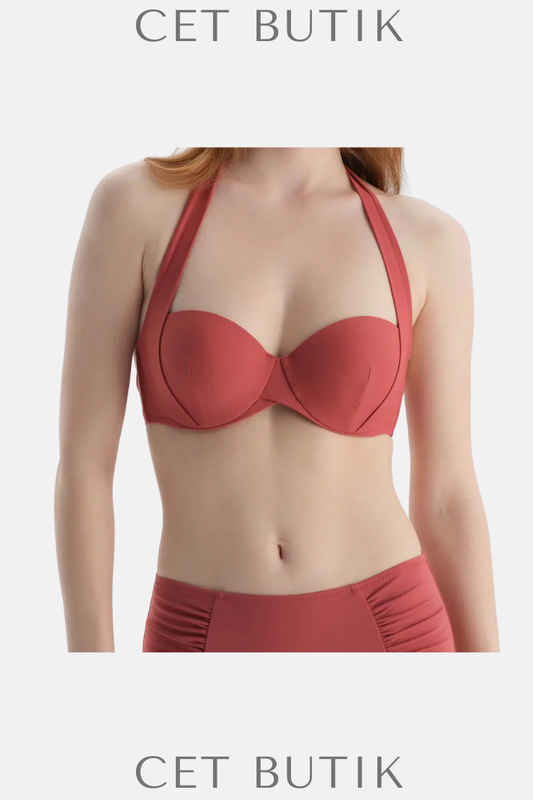 Dagi Kiremit Straplez Balenli Bikini Üst – Desenli Plaj Modası