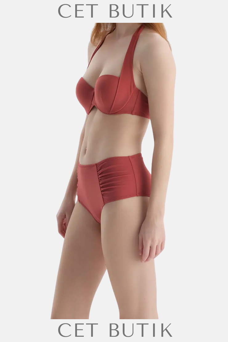 Dagi Kiremit Straplez Balenli Bikini Üst – Desenli Plaj Modası