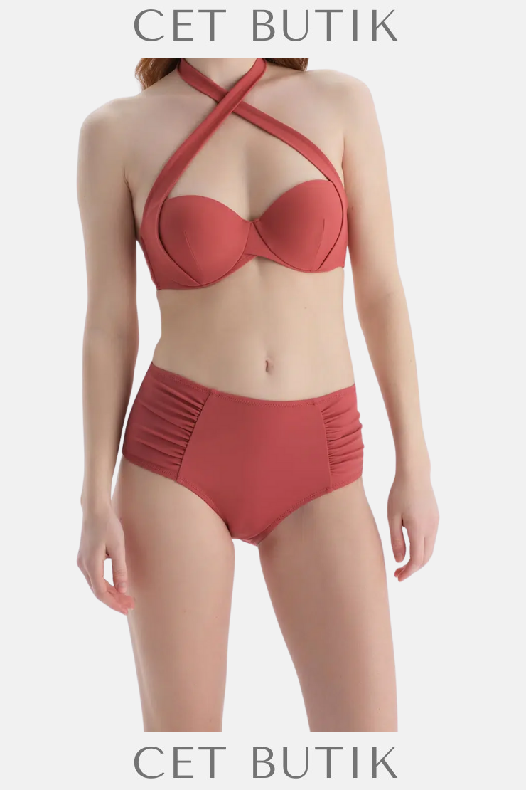 Dagi Kiremit Straplez Balenli Bikini Üst – Desenli Plaj Modası