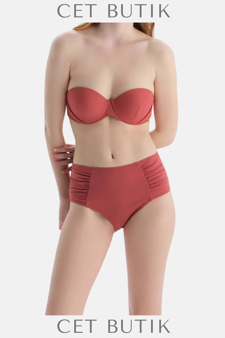 Dagi Kiremit Straplez Balenli Bikini Üst – Desenli Plaj Modası