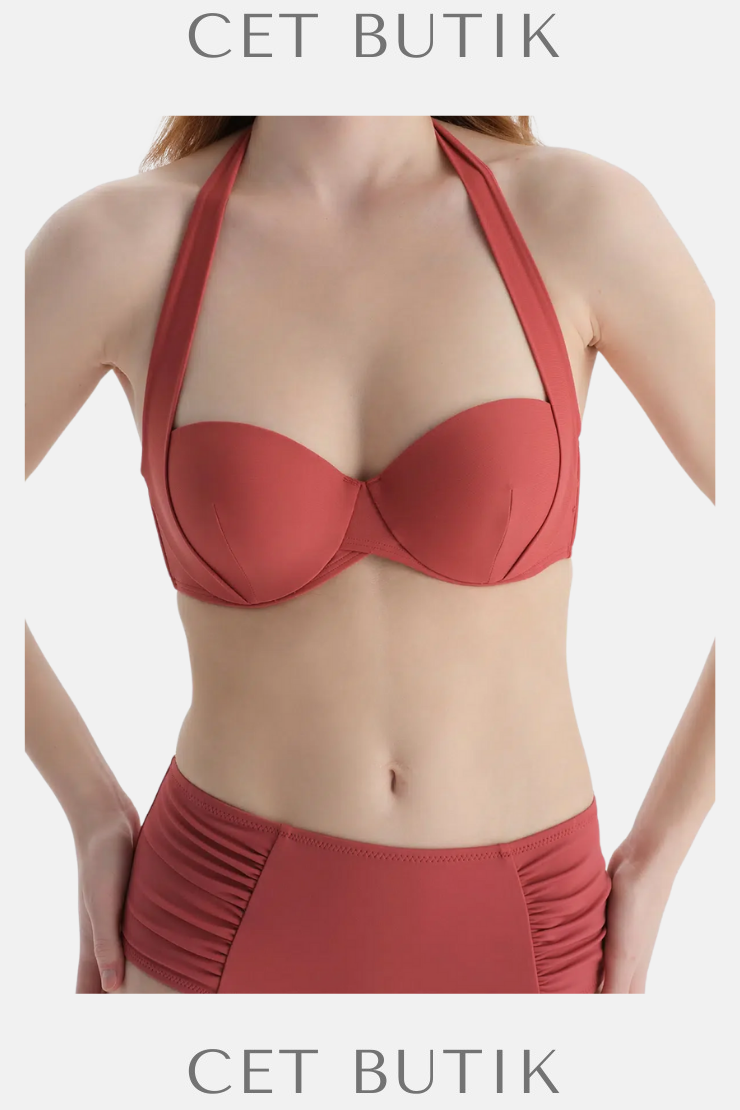 Dagi Kiremit Straplez Balenli Bikini Üst – Desenli Plaj Modası