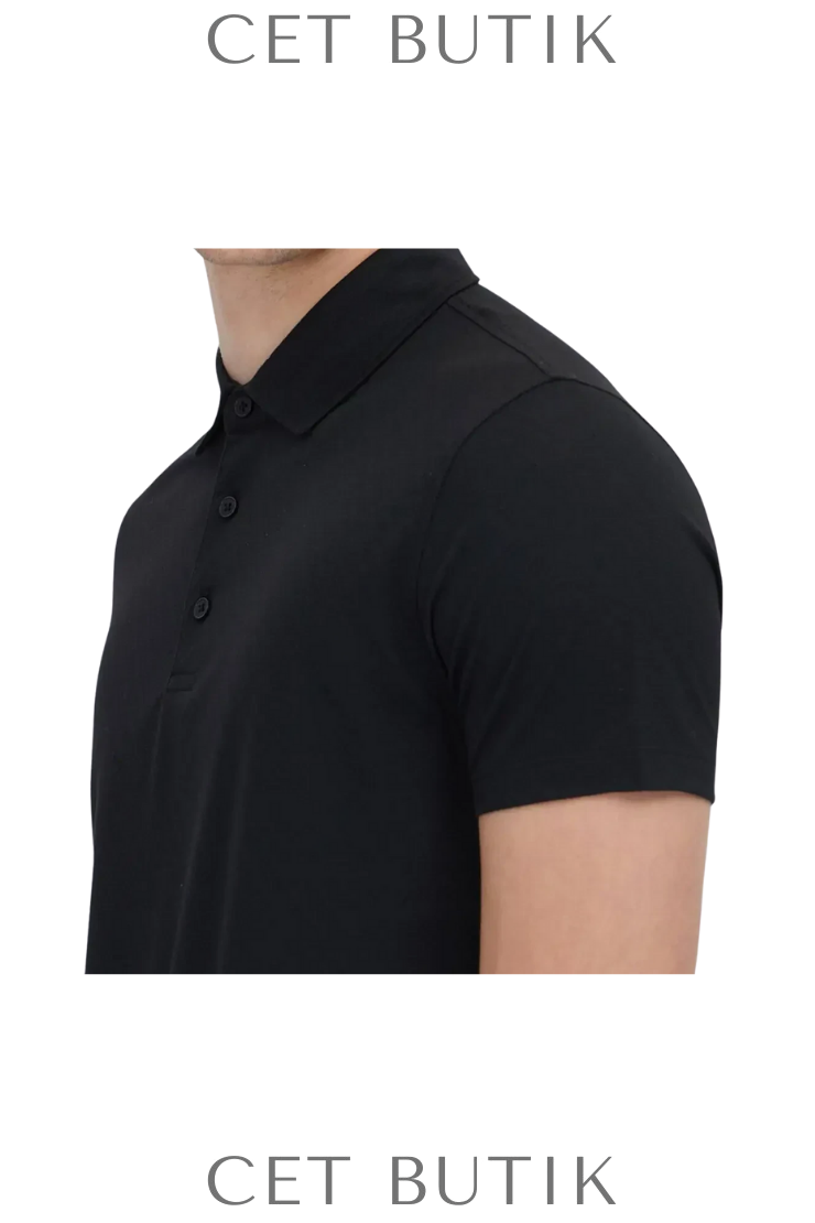 Kip Siyah Desenli Polo T-Shirt – Regular Fit, Polyester & Viskon Karışımlı Yazlık Model