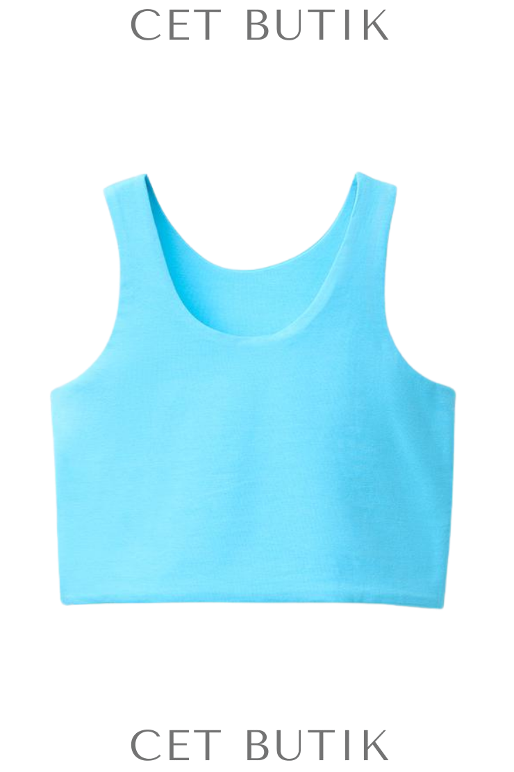 ZARA Slogan Baskılı Turkuaz Crop Top – Pamuk & Elastan Rahat Fit Yazlık Üst
