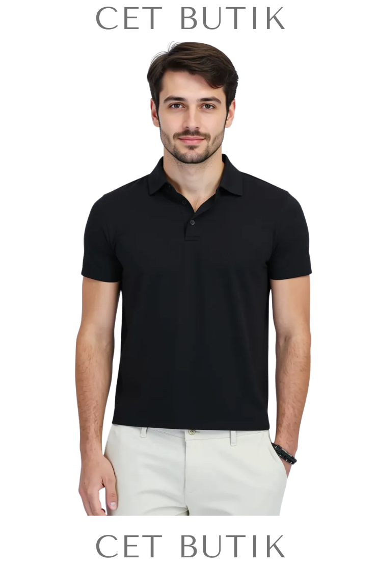 Kip Siyah Desenli Polo T-Shirt – Regular Fit, Polyester & Viskon Karışımlı Yazlık Model