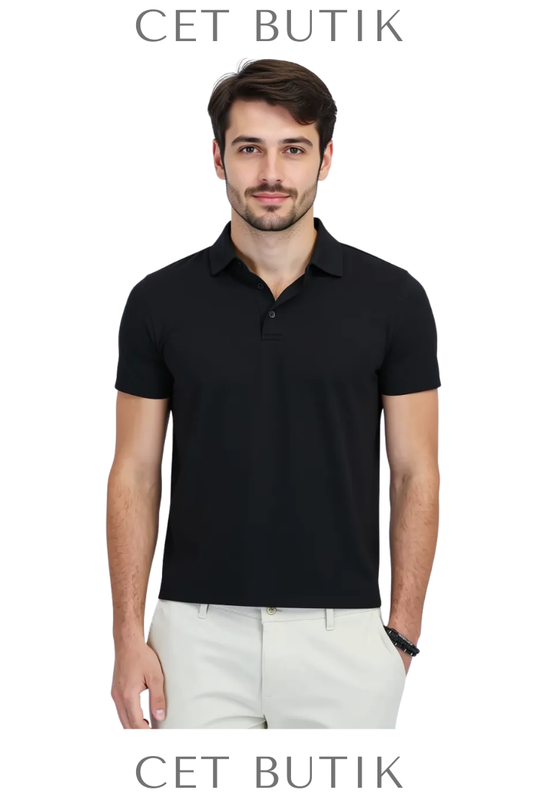 Kip Siyah Desenli Polo T-Shirt – Regular Fit, Polyester & Viskon Karışımlı Yazlık Model